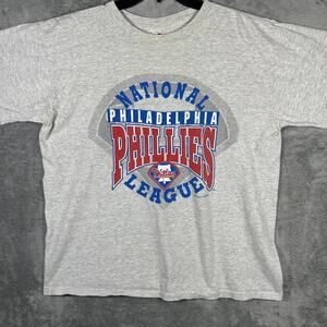 VINTAGE 90s Philadelphia Phillies Graphic Shirt Mens XL Shirt Grey Made In USA‎